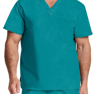 Haut col V unisexe (coloris bleu sarcelle)