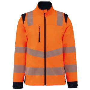 Veste softshell de sécurité recyclée haute visibilité à manches détachables (coloris orange / marine)